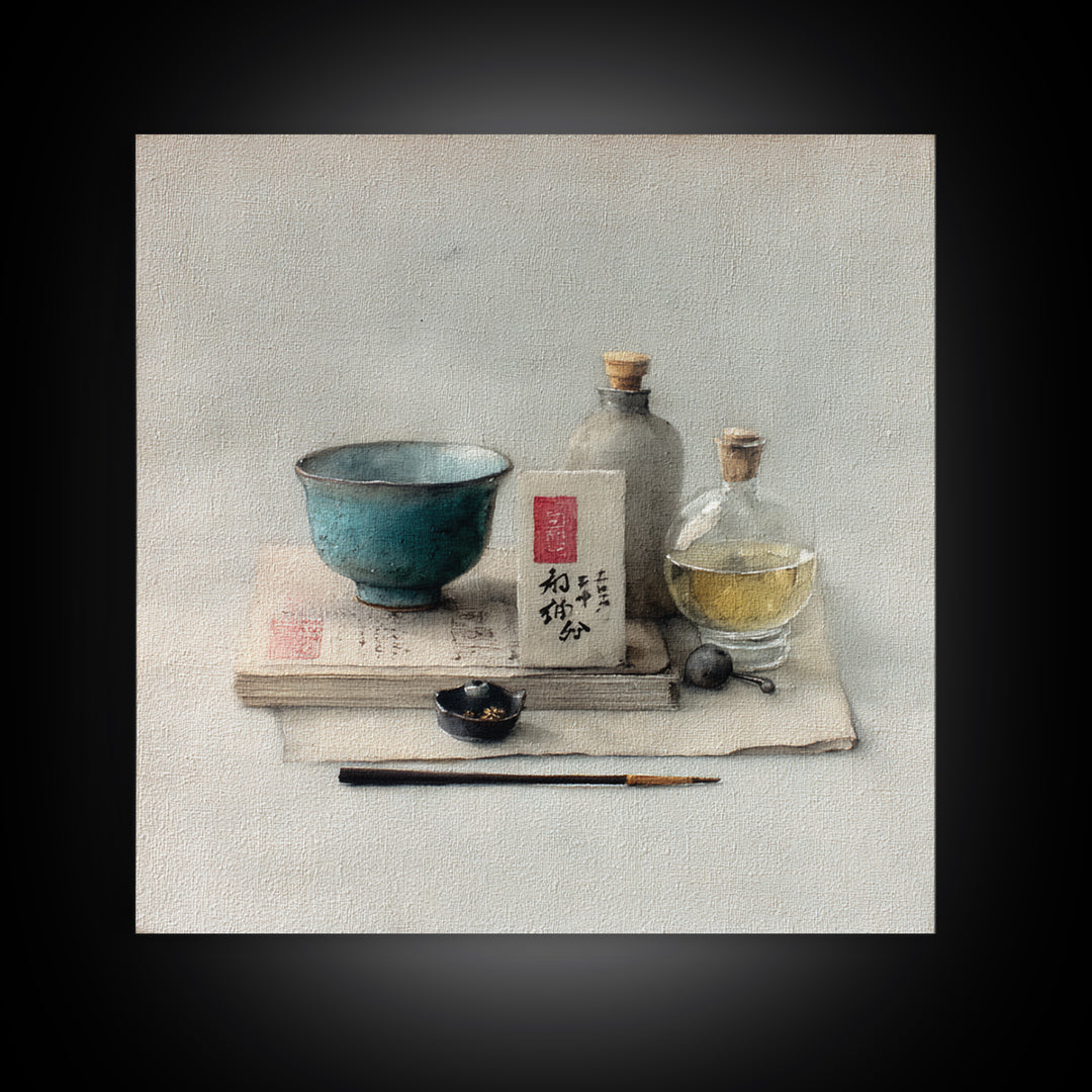 Tea Bowl and Steam Still Life on Canvas Print, Asian Inspired Art, Bird Art, Living Room Decor, Oil Painting, Harmony, ASI-1x1-15