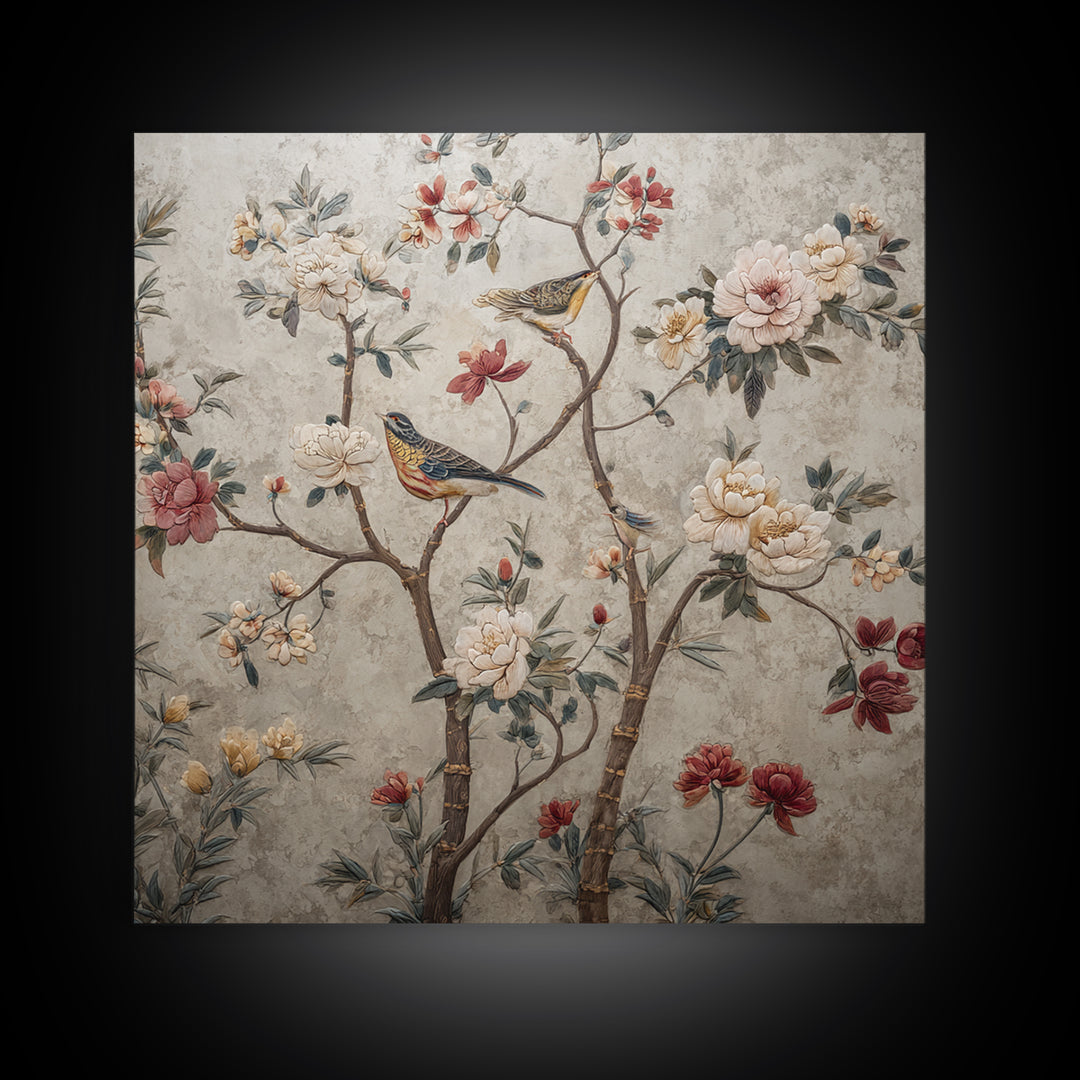 Fan Shaped Composition of Blossoms and Birds Canvas Print, Asian Inspired Art, Japanese Art Print, Living Room Decor, Harmony, ASI-1x1-17