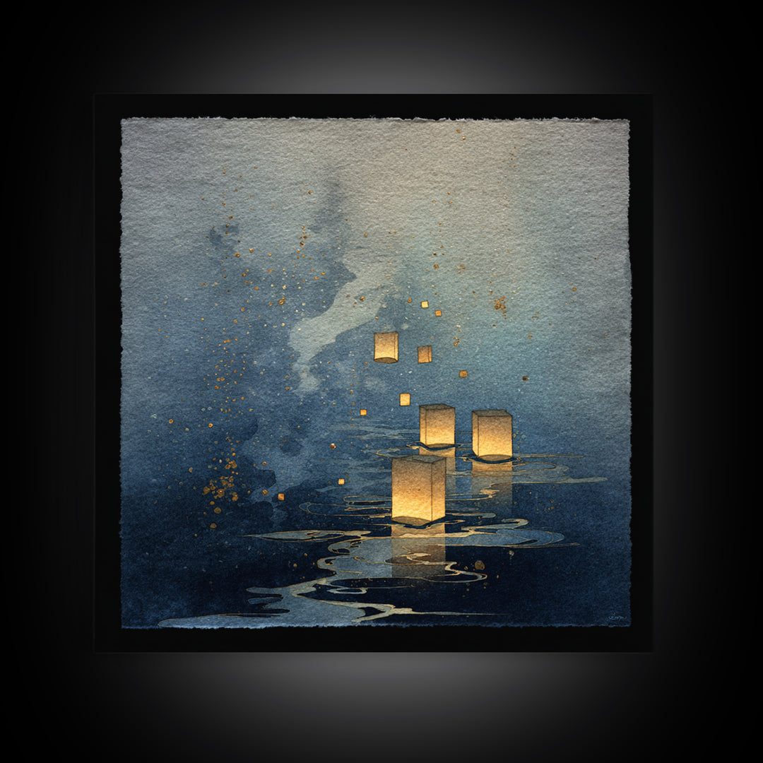 Floating Lanterns over Dark Water with Gentle Canvas Print, Asian Inspired Art, Bedroom Wall Decor, Living Room Decor, Harmony, ASI-1x1-19