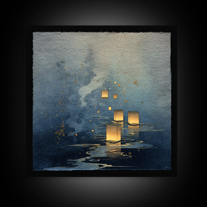 Floating Lanterns over Dark Water with Gentle Canvas Print, Asian Inspired Art, Bedroom Wall Decor, Living Room Decor, Harmony, ASI-1x1-19