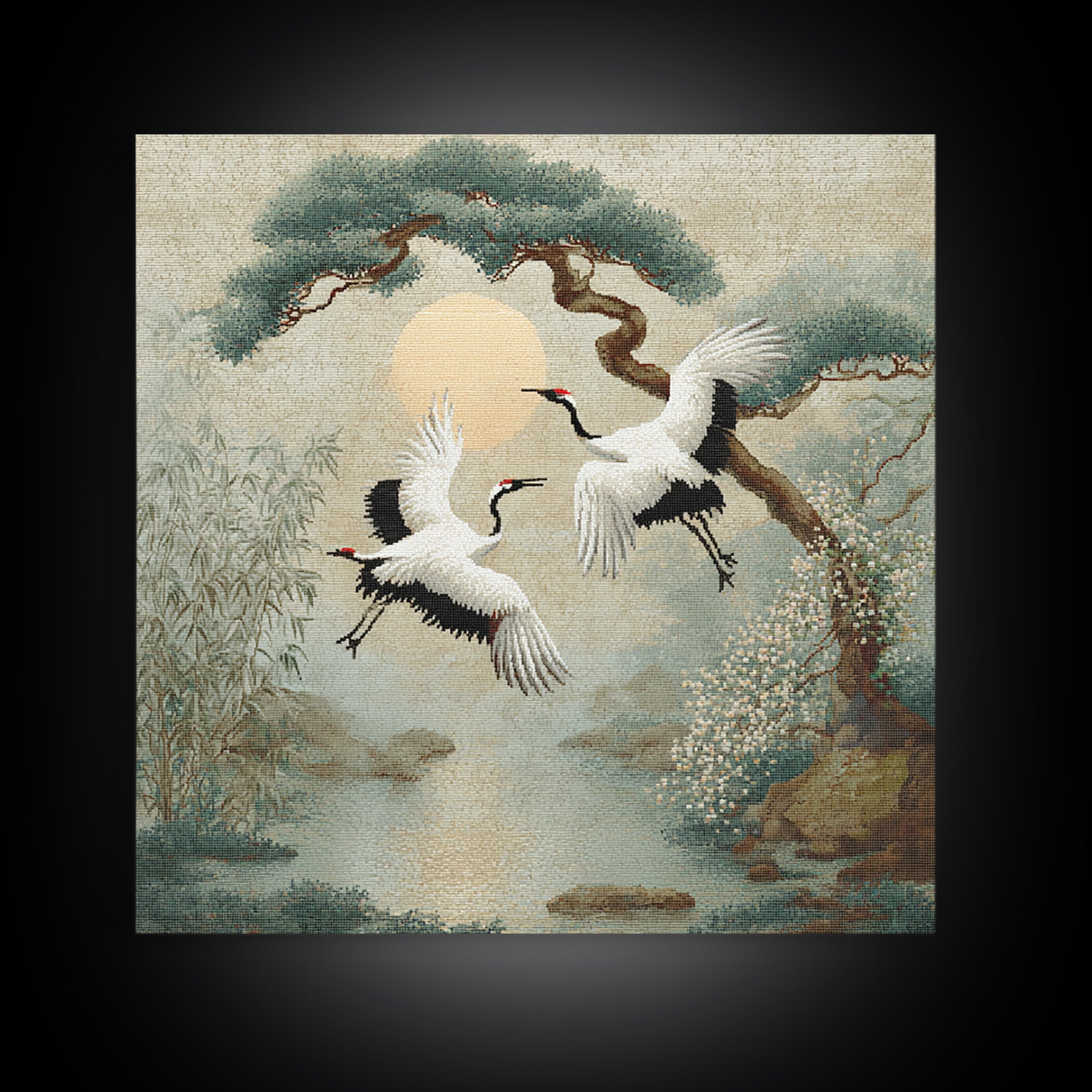 Red Crowned Cranes Flying Through Misty Pine Canvas Print, Asian Inspired Art, Modern Decor, Living Room Decor, Harmony, ASI-1x1-49