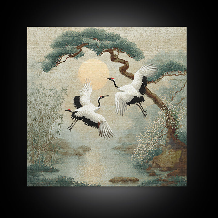 Red Crowned Cranes Flying Through Misty Pine Canvas Print, Asian Inspired Art, Modern Decor, Living Room Decor, Harmony, ASI-1x1-49