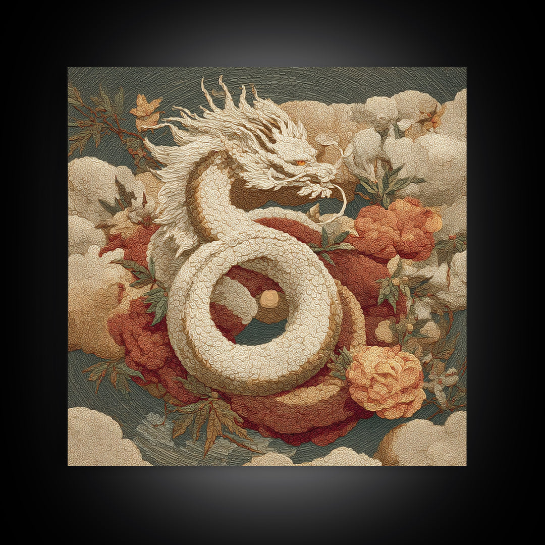 Dragon Curling Through Clouds Framed Canvas Print, Asian Inspired Art, Asian Wall Art, Living Room Decor, Oil Painting, Harmony, ASI-1x1-61