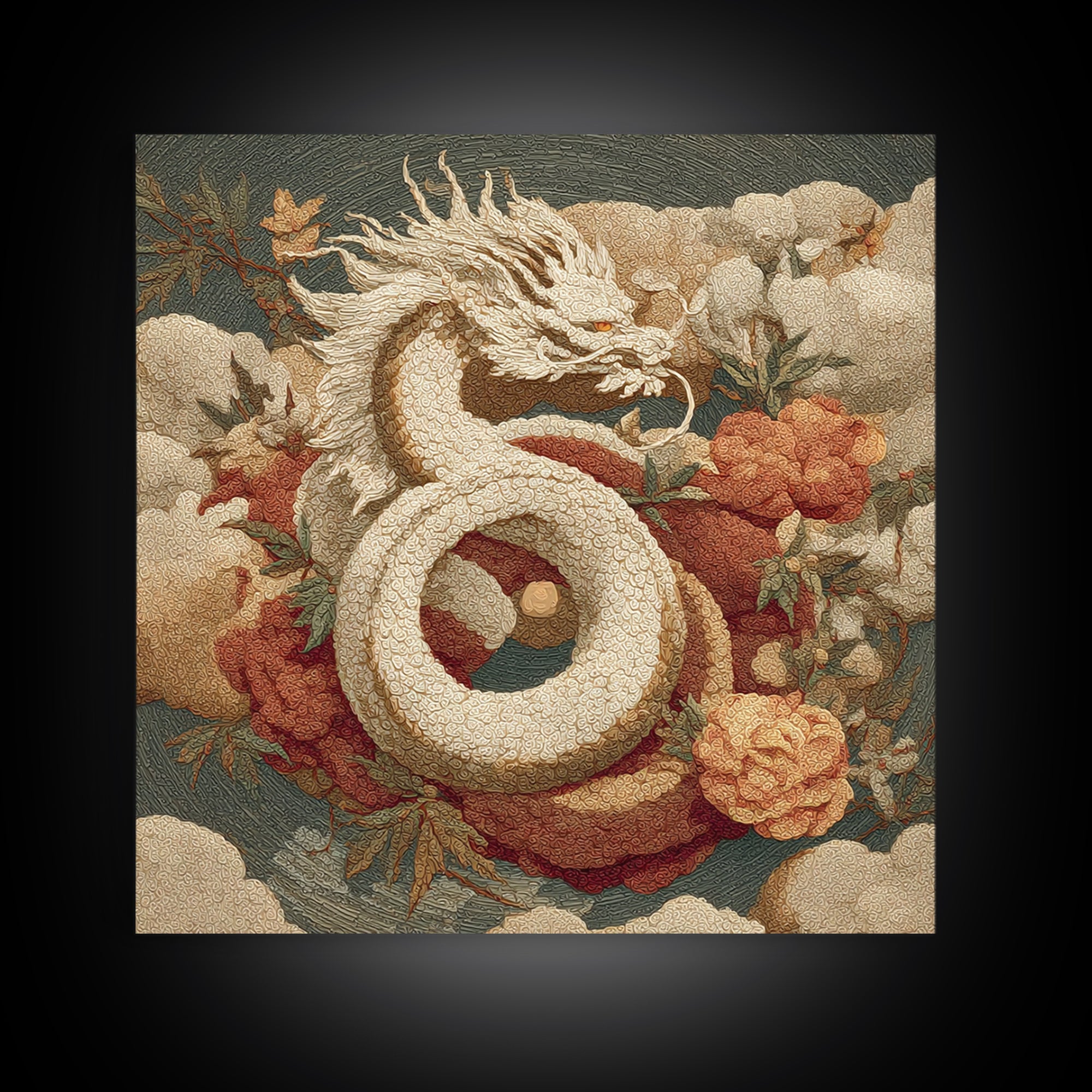 Dragon Curling Through Clouds Framed Canvas Print, Asian Inspired Art, Asian Wall Art, Living Room Decor, Oil Painting, Harmony, ASI-1x1-61