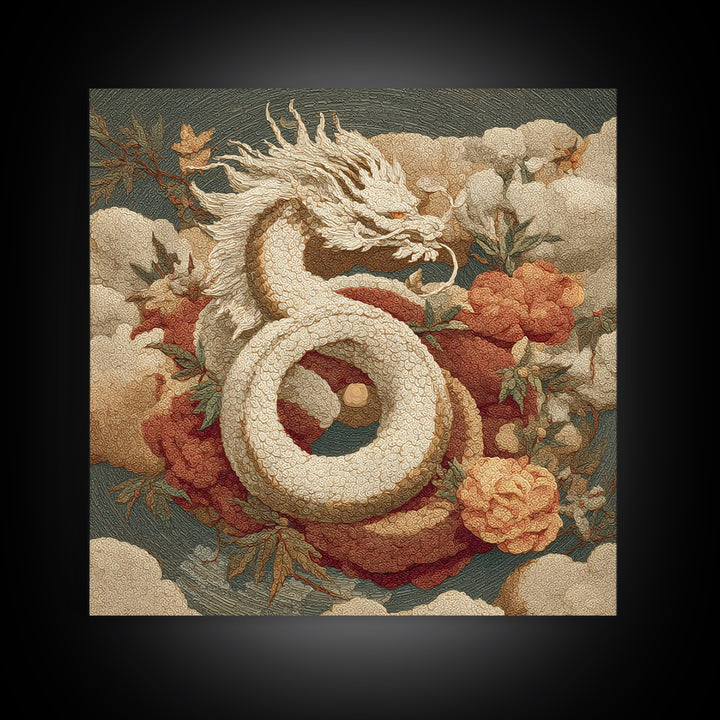 Dragon Curling Through Clouds Framed Canvas Print, Asian Inspired Art, Asian Wall Art, Living Room Decor, Oil Painting, Harmony, ASI-1x1-61