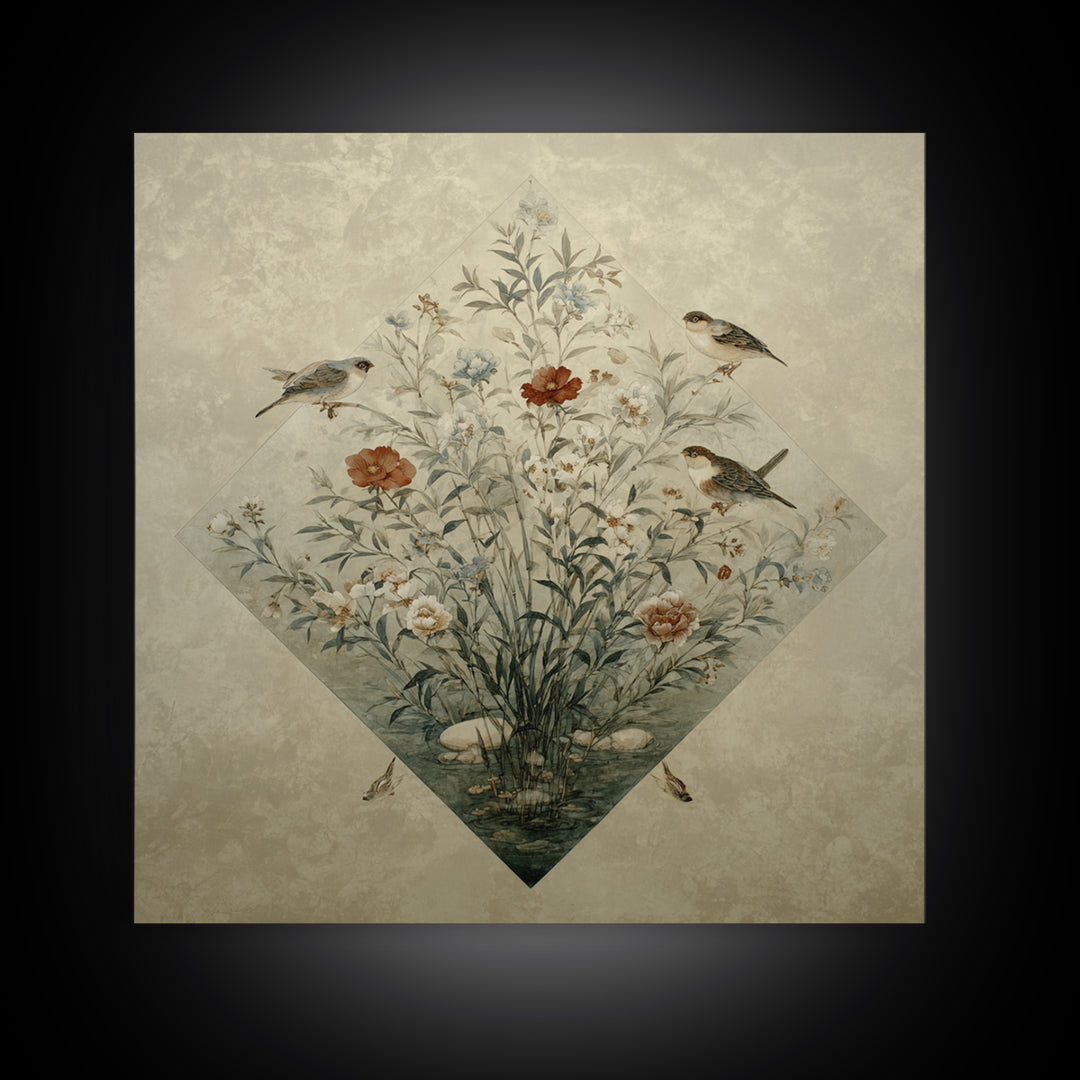 Fan Shaped Composition of Blossoms and Birds Canvas Print, Asian Inspired Art, Gallery Decor, Living Room Decor, Harmony, ASI-1x1-65