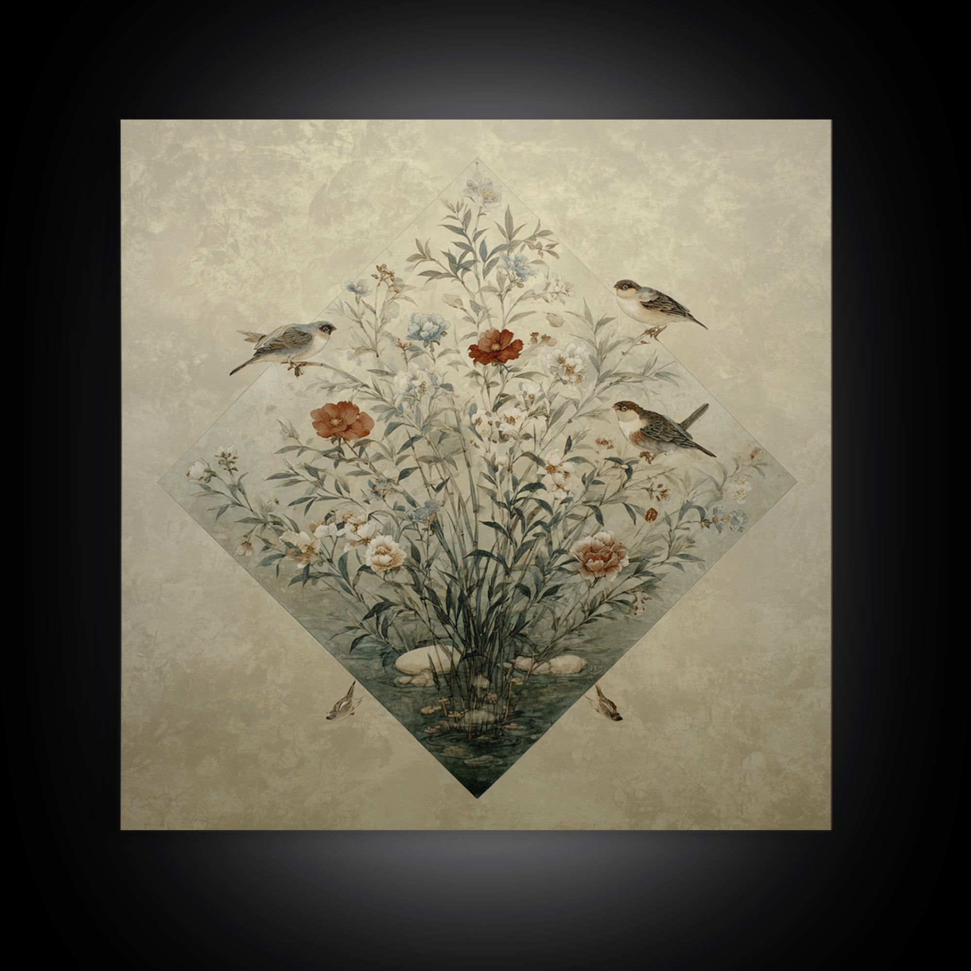 Fan Shaped Composition of Blossoms and Birds Canvas Print, Asian Inspired Art, Gallery Decor, Living Room Decor, Harmony, ASI-1x1-65