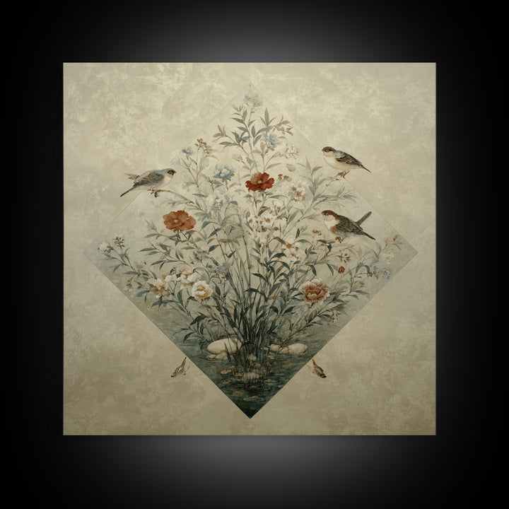 Fan Shaped Composition of Blossoms and Birds Canvas Print, Asian Inspired Art, Gallery Decor, Living Room Decor, Harmony, ASI-1x1-65