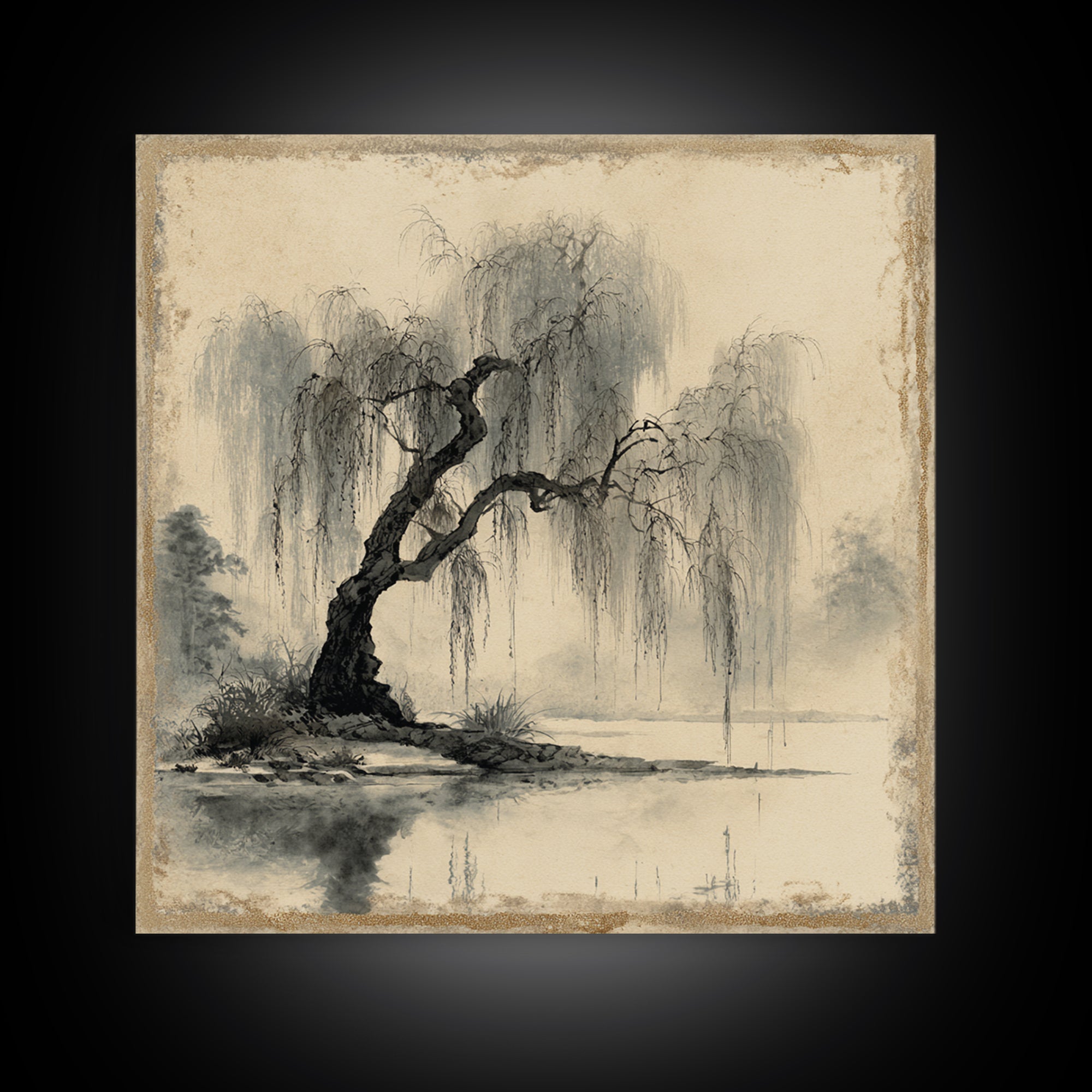 Willow Tree over a Reflective Pond Framed Canvas Print, Asian Inspired Art, Botanical Print, Living Room Decor, Abstract Art, ASI-1x1-66
