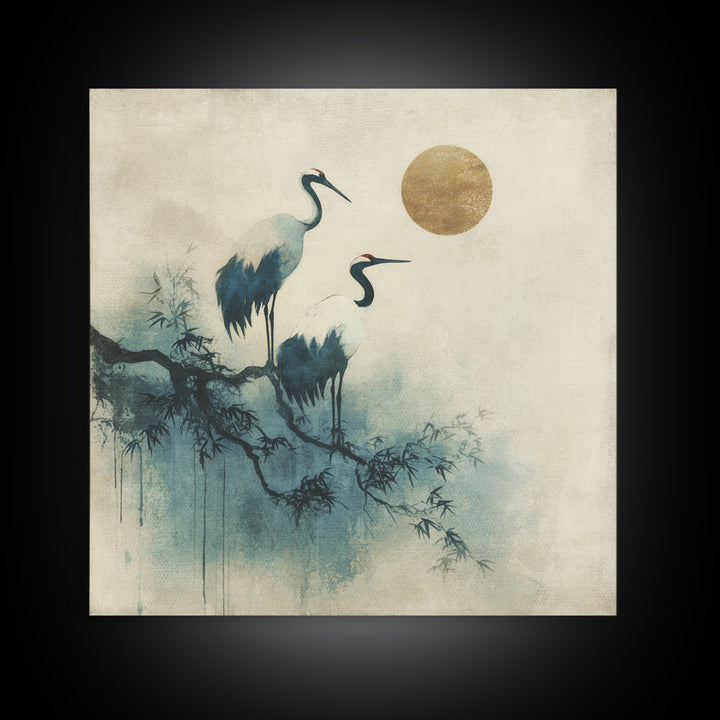 Crane and Moon Composition Framed Canvas Print, Asian Inspired Art, Japanese Art Print, Living Room Decor, Abstract Art, ASI-1x1-72