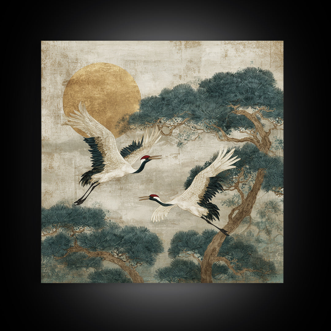 Red Crowned Cranes Flying Through Misty Pine Canvas Print, Asian Inspired Art, Art Print, Living Room Decor, Harmony, ASI-1x1-73