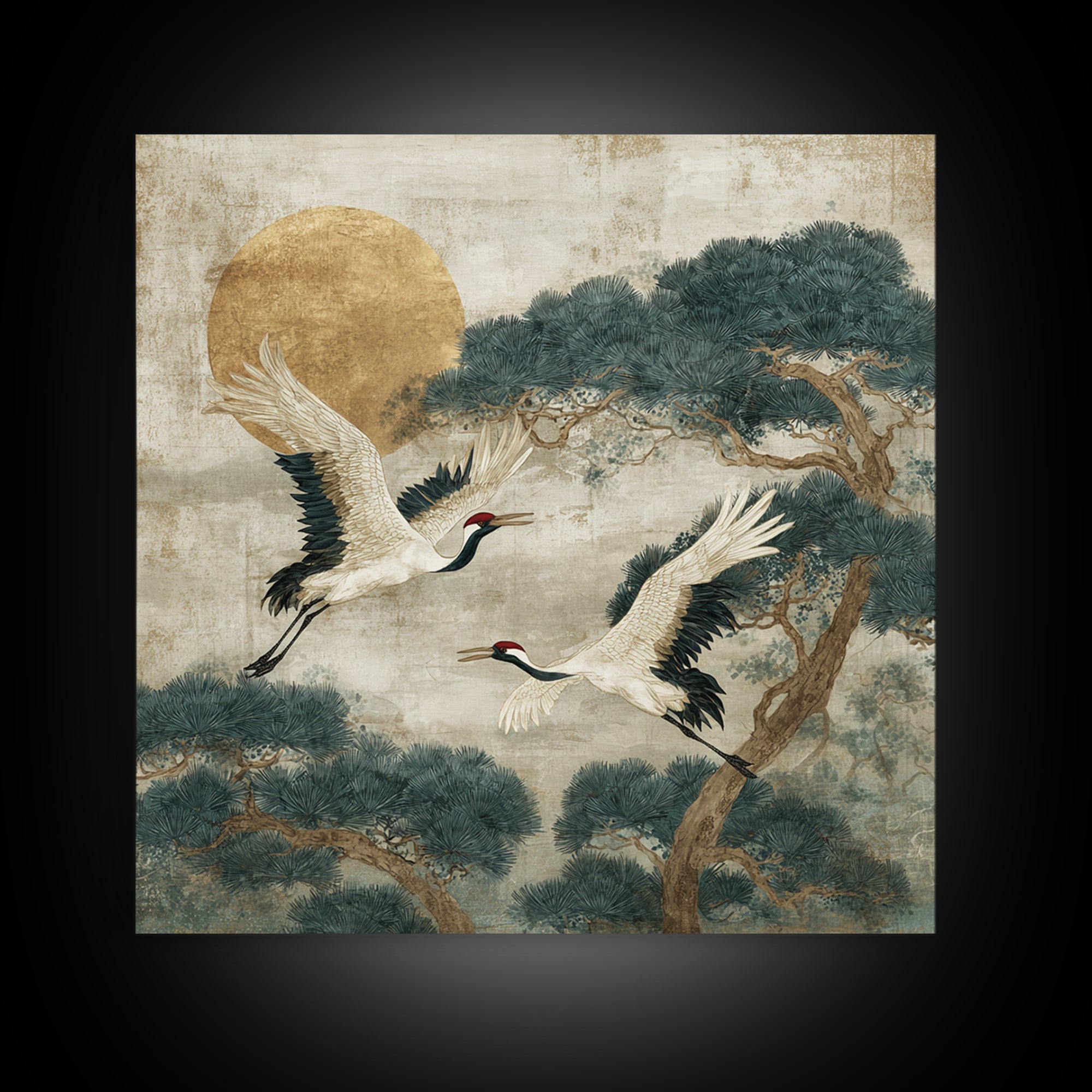 Red Crowned Cranes Flying Through Misty Pine Canvas Print, Asian Inspired Art, Art Print, Living Room Decor, Harmony, ASI-1x1-73