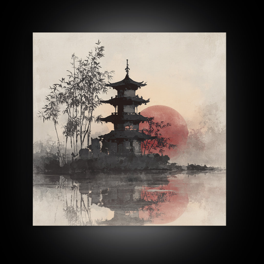 Pagoda Silhouette at Sunset Framed Canvas Print, Asian Inspired Art, Statement Artwork, Living Room Decor, Fine Art, Harmony, ASI-1x1-83