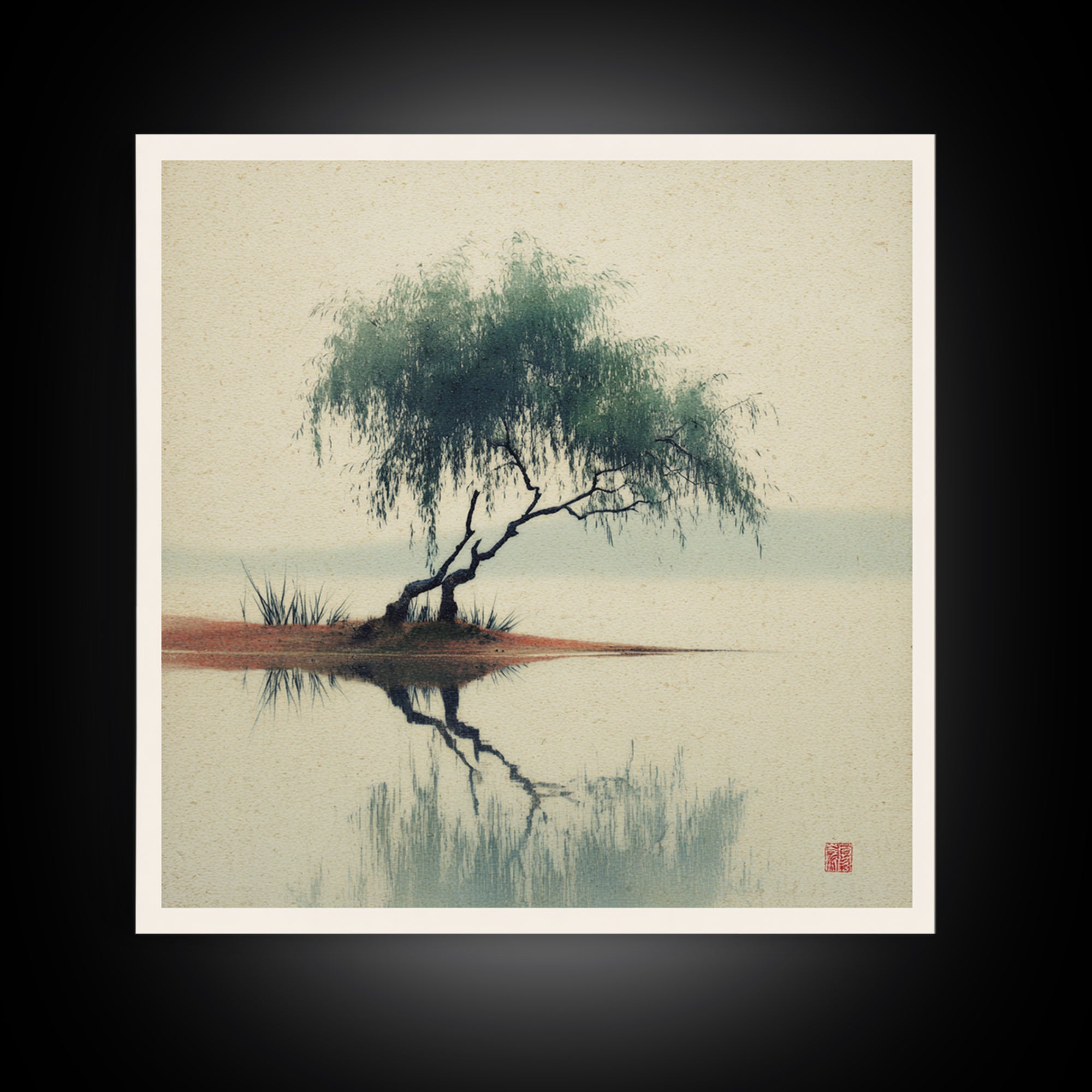Willow Tree over a Reflective Pond Canvas Print, Asian Inspired Art, Spiritual Wall Art, Living Room Decor, Fine Art, Harmony, ASI-1x1-90