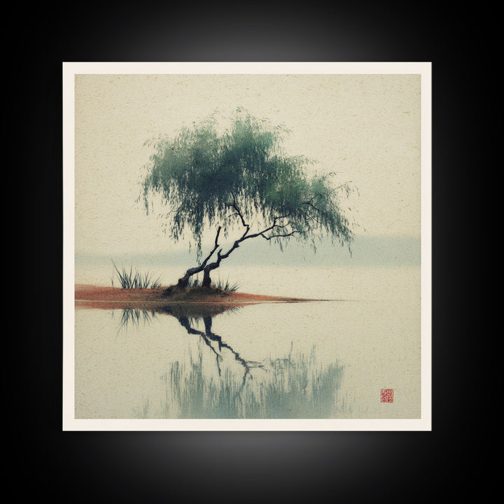 Willow Tree over a Reflective Pond Canvas Print, Asian Inspired Art, Spiritual Wall Art, Living Room Decor, Fine Art, Harmony, ASI-1x1-90