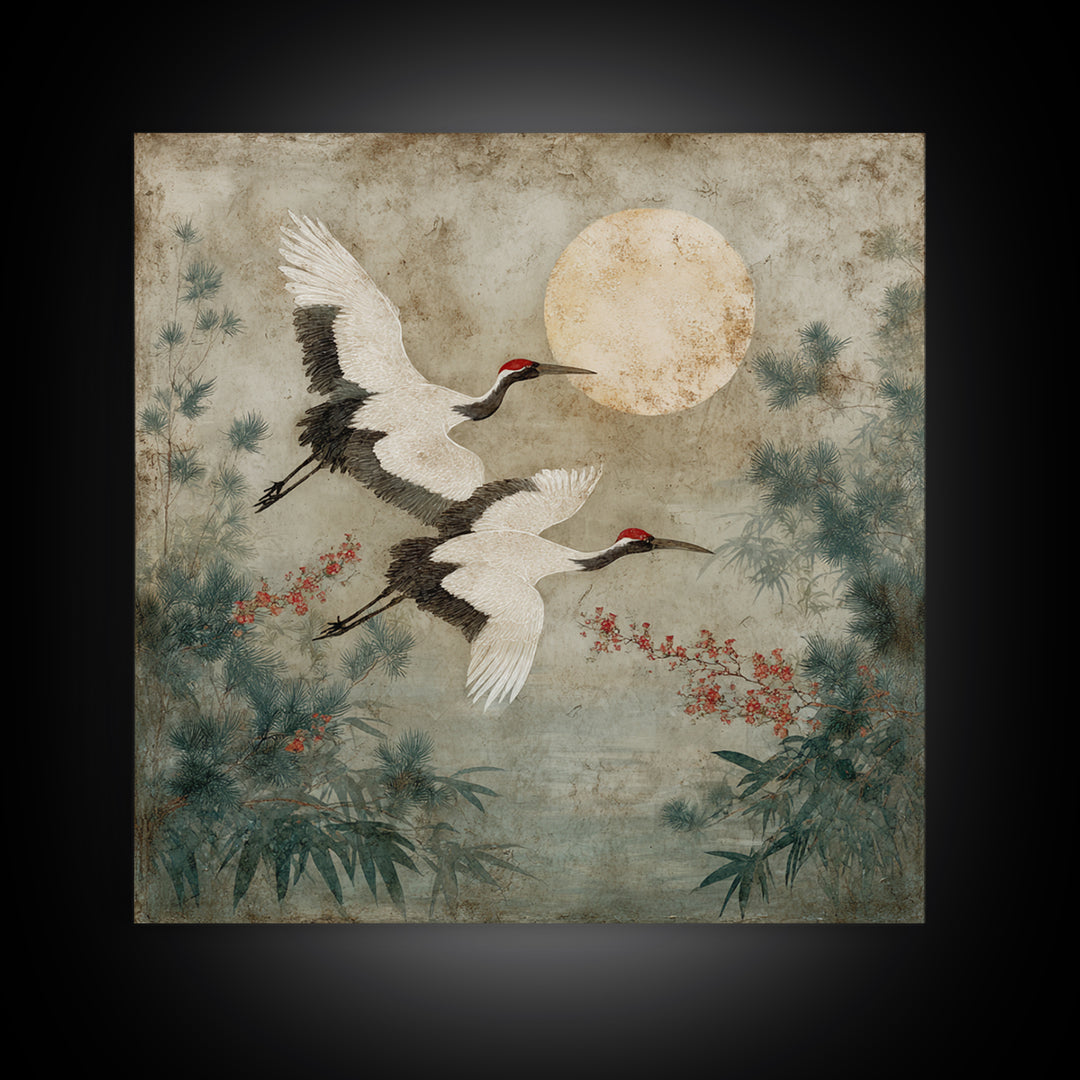 Red Crowned Cranes Flying Through Misty Pine Canvas Print, Asian Inspired Art, Wall Art, Living Room Decor, Oil Painting, ASI-1x1-97