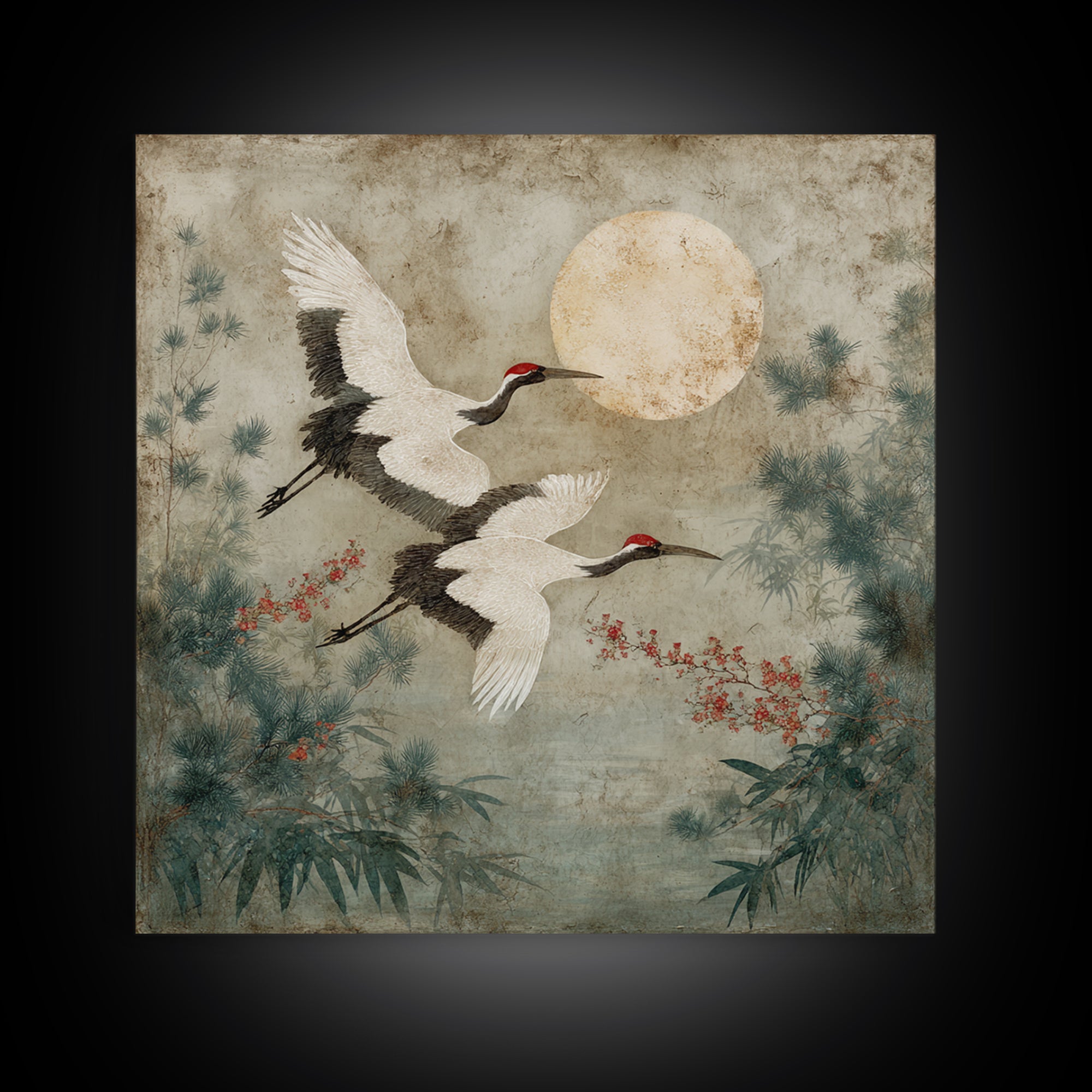 Red Crowned Cranes Flying Through Misty Pine Canvas Print, Asian Inspired Art, Wall Art, Living Room Decor, Oil Painting, ASI-1x1-97