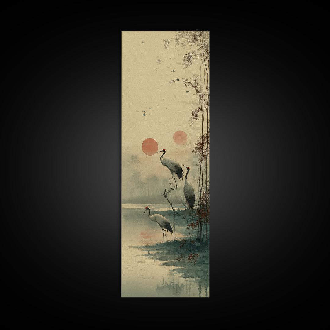 Crane and Moon Composition Canvas Print, Asian Inspired Art, Boho Decor, Living Room Decor, Oil Painting, Harmony, Digital Art, ASI-1x3-12