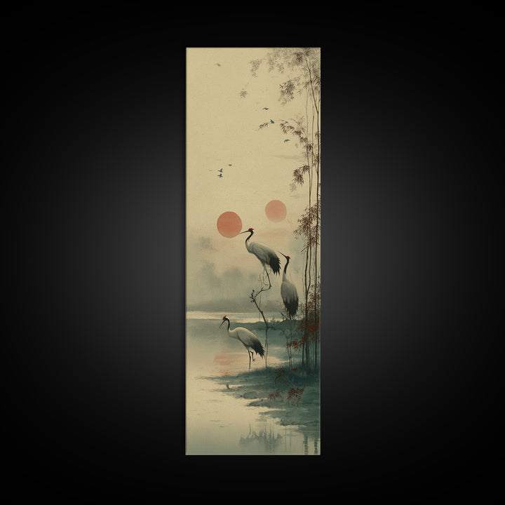 Crane and Moon Composition Canvas Print, Asian Inspired Art, Boho Decor, Living Room Decor, Oil Painting, Harmony, Digital Art, ASI-1x3-12