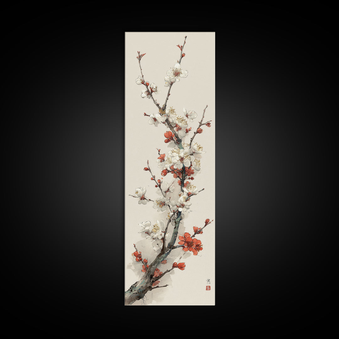 Plum Blossom Branch Painted Framed Canvas Print, Asian Inspired Art, Art Print, Living Room Decor, Oil Painting, Harmony, ASI-1x3-24