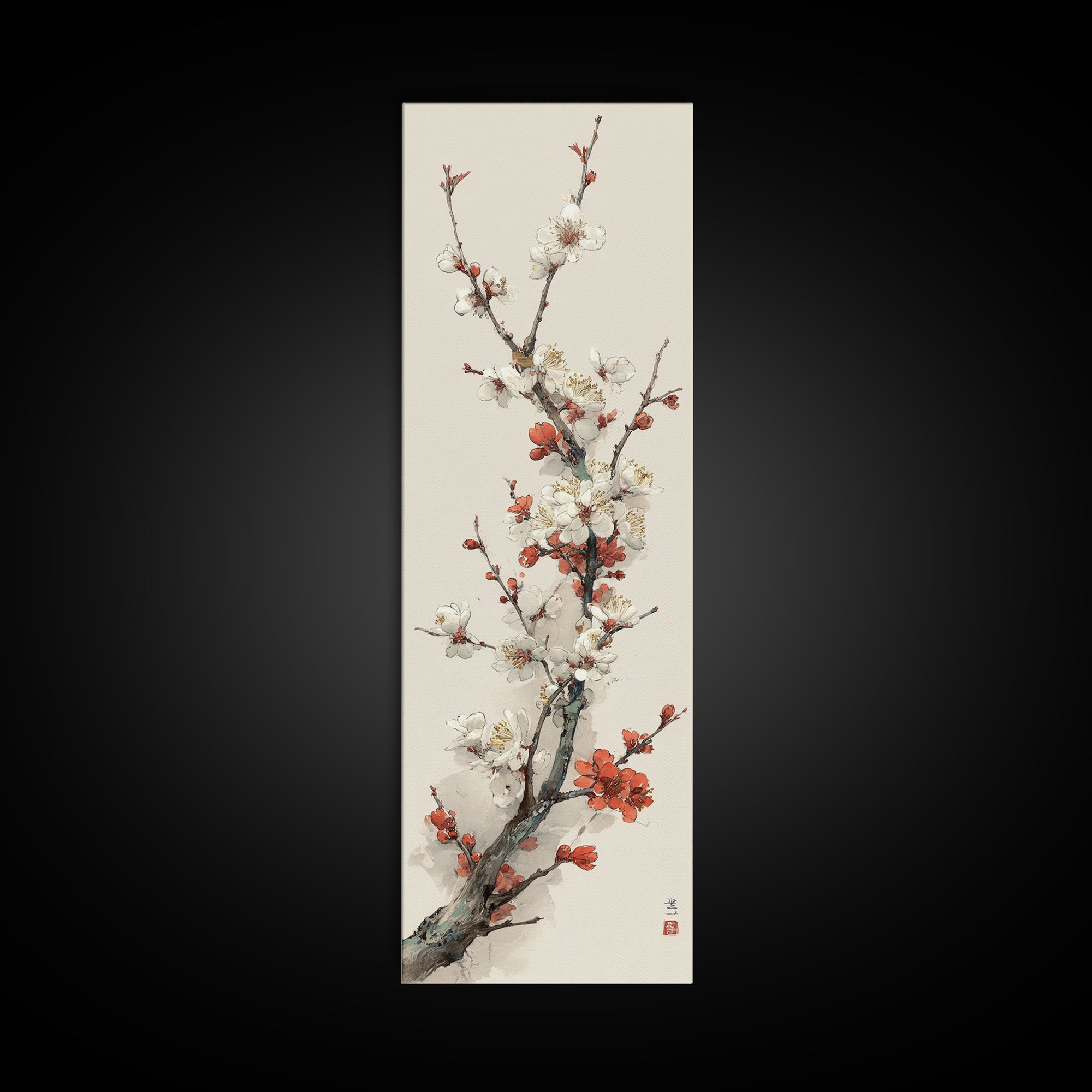 Plum Blossom Branch Painted Framed Canvas Print, Asian Inspired Art, Art Print, Living Room Decor, Oil Painting, Harmony, ASI-1x3-24