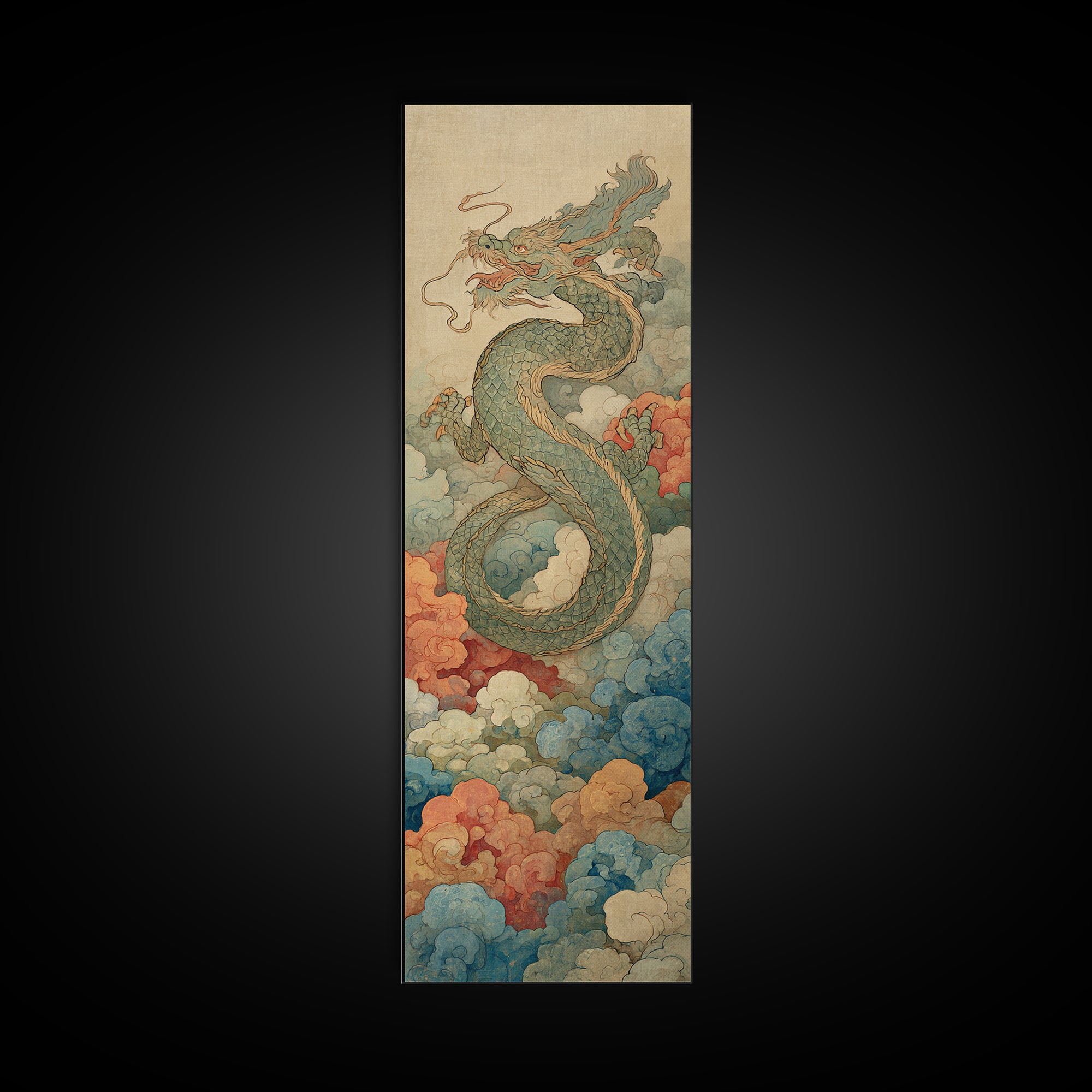 Dragon Curling Through Clouds Canvas Print, Asian Inspired Art, Wall Decor, Living Room Decor, Harmony, Farmhouse Wall Art, ASI-1x3-25