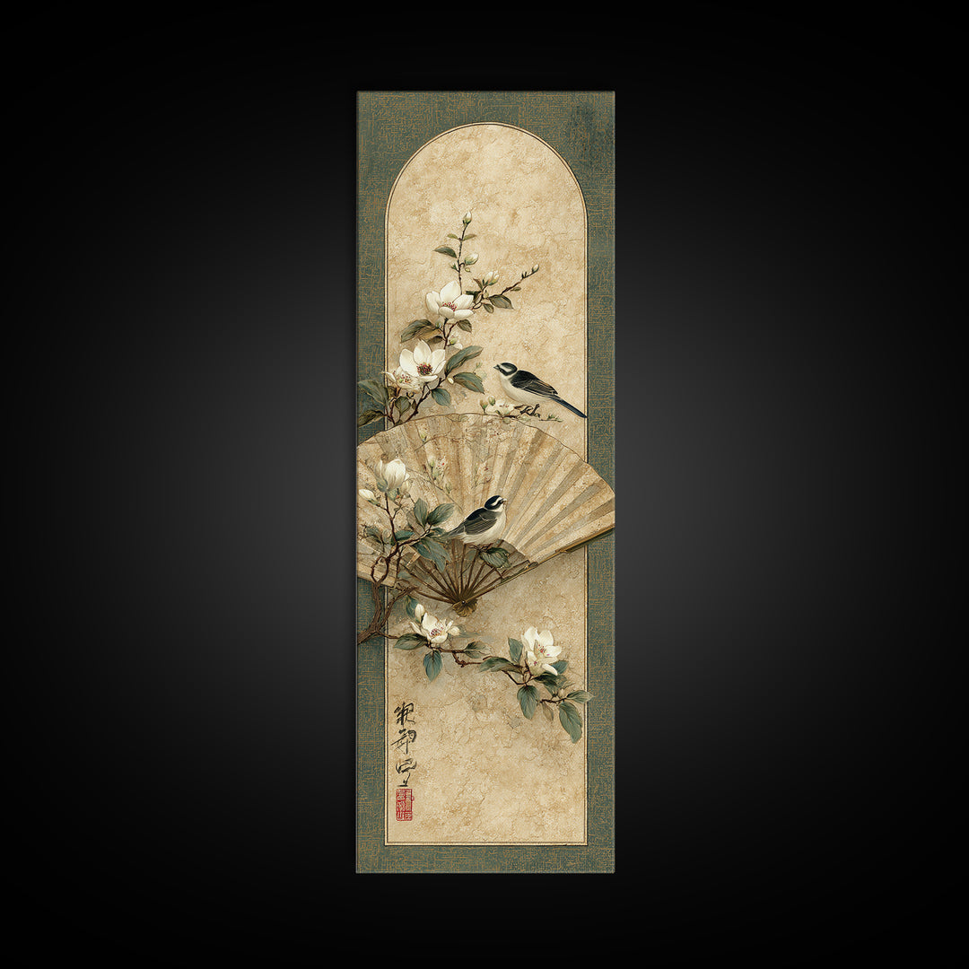 Fan Shaped Composition of Blossoms and Birds Canvas Print, Asian Inspired Art, Modern Decor, Living Room Decor, Harmony, ASI-1x3-29