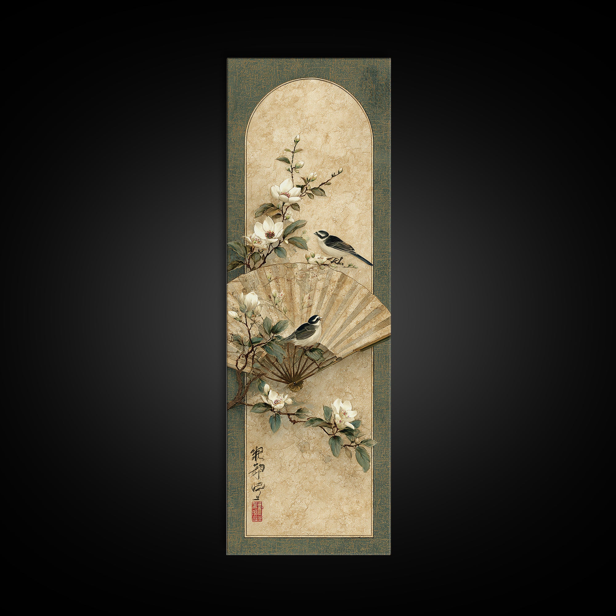 Fan Shaped Composition of Blossoms and Birds Canvas Print, Asian Inspired Art, Modern Decor, Living Room Decor, Harmony, ASI-1x3-29