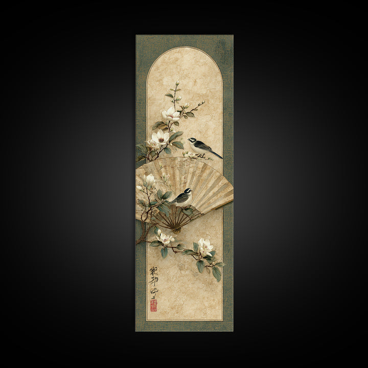 Fan Shaped Composition of Blossoms and Birds Canvas Print, Asian Inspired Art, Modern Decor, Living Room Decor, Harmony, ASI-1x3-29