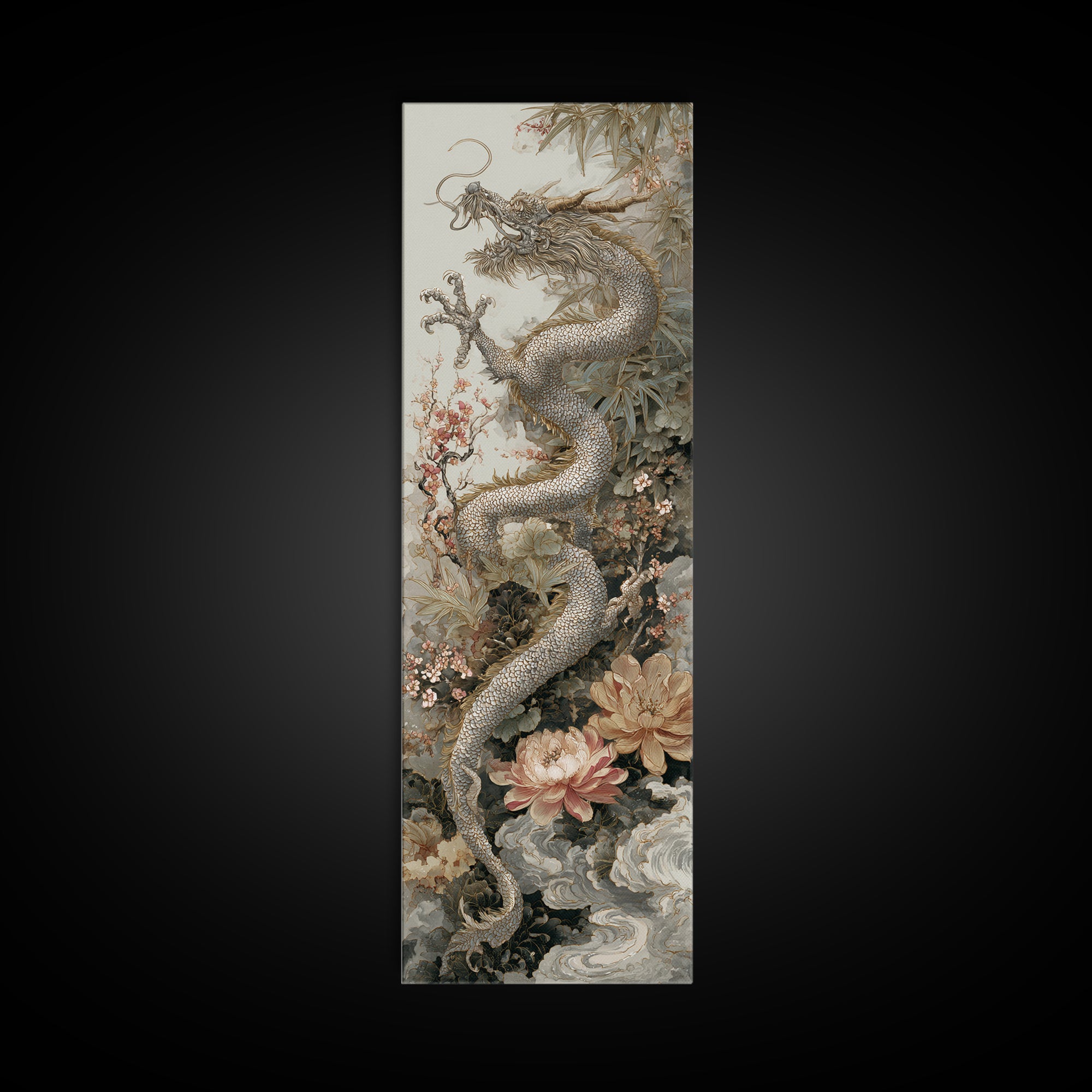 Dragon Curling Through Clouds Canvas Print, Asian Inspired Art, Zen Wall Art, Living Room Decor, Fine Art, Harmony, Art Print, ASI-1x3-49