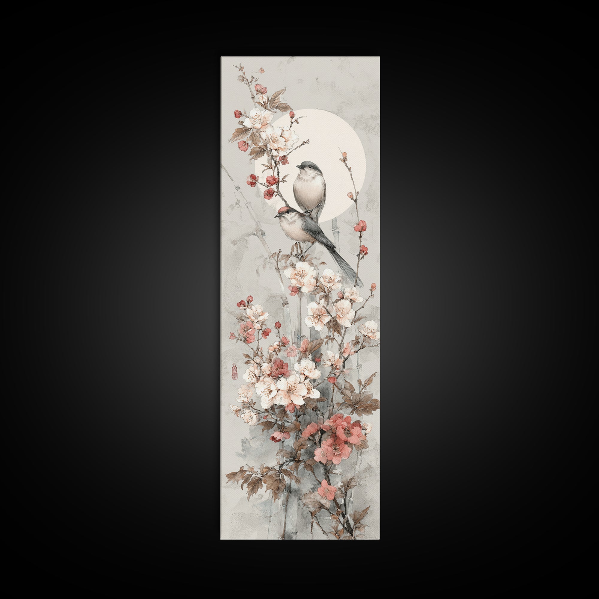 Fan Shaped Composition of Blossoms and Birds Canvas Print, Asian Inspired Art, Modern Wall Decor, Living Room Decor, Harmony, ASI-1x3-5