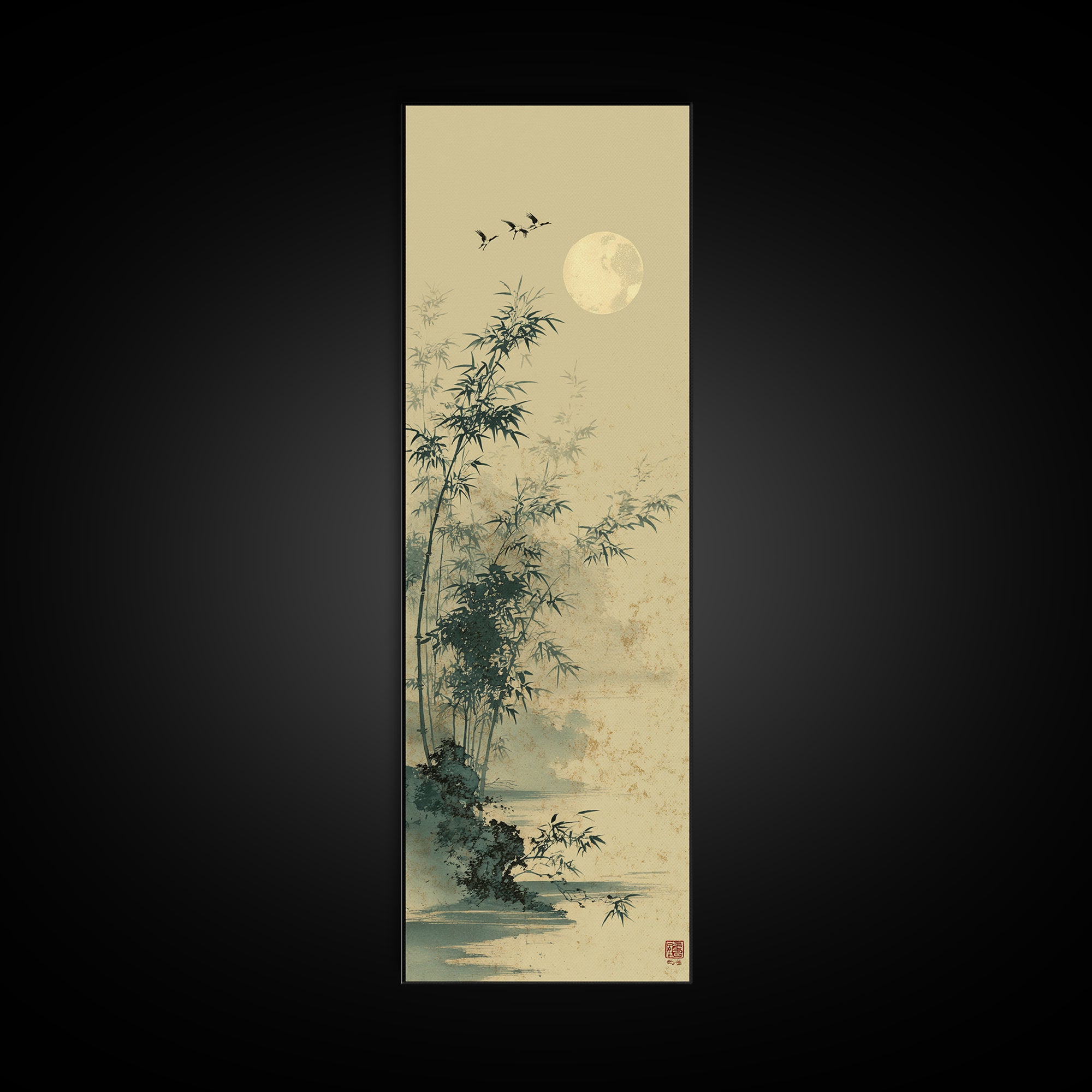 Crane and Moon Composition Canvas Print, Asian Inspired Art, Living Room Decor, Abstract Art, Harmony, Farmhouse Wall Art, ASI-1x3-60