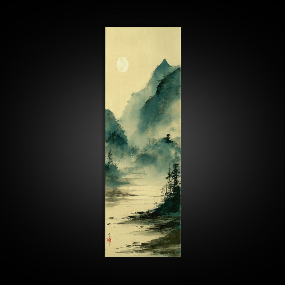 Japanese Ink Landscape Framed Canvas Print, Asian Inspired Art, Unique Wall Art, Living Room Decor, Fine Art, Harmony, ASI-1x3-64