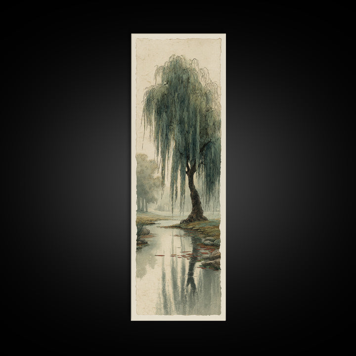 Willow Tree over a Reflective Pond Canvas Print, Asian Inspired Art, Asian Wall Art, Living Room Decor, Fine Art, Harmony, ASI-1x3-78