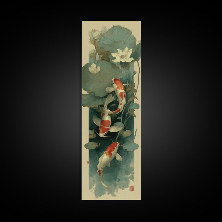 Koi Fish Circling Beneath Floating Lotus Blossoms Canvas Print, Asian Inspired Art, Luxury Decor, Living Room Decor, Harmony, ASI-1x3-86