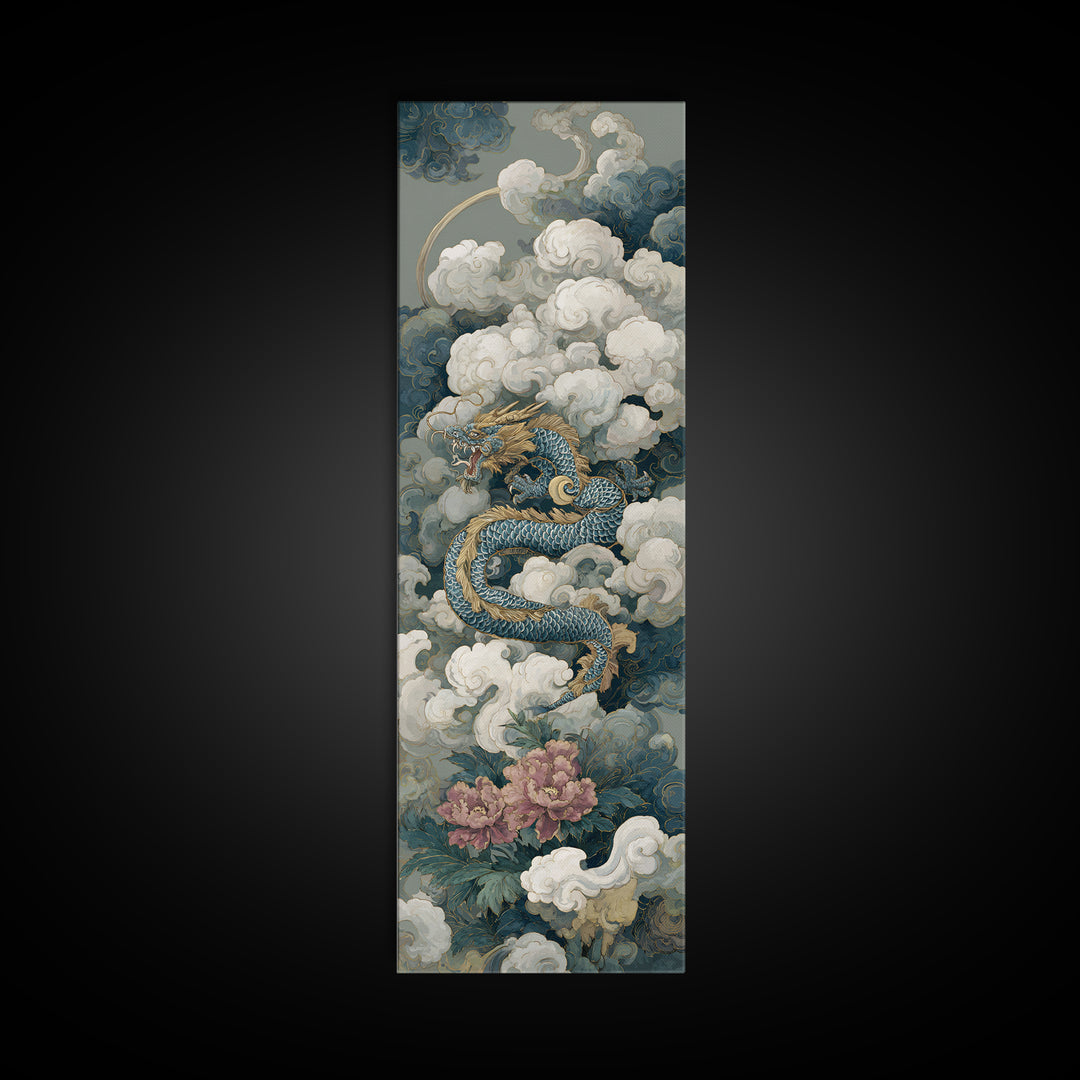 Dragon Curling Through Clouds Canvas Print, Asian Inspired Art, Spiritual Wall Art, Living Room Decor, Oil Painting, Harmony, ASI-1x3-97