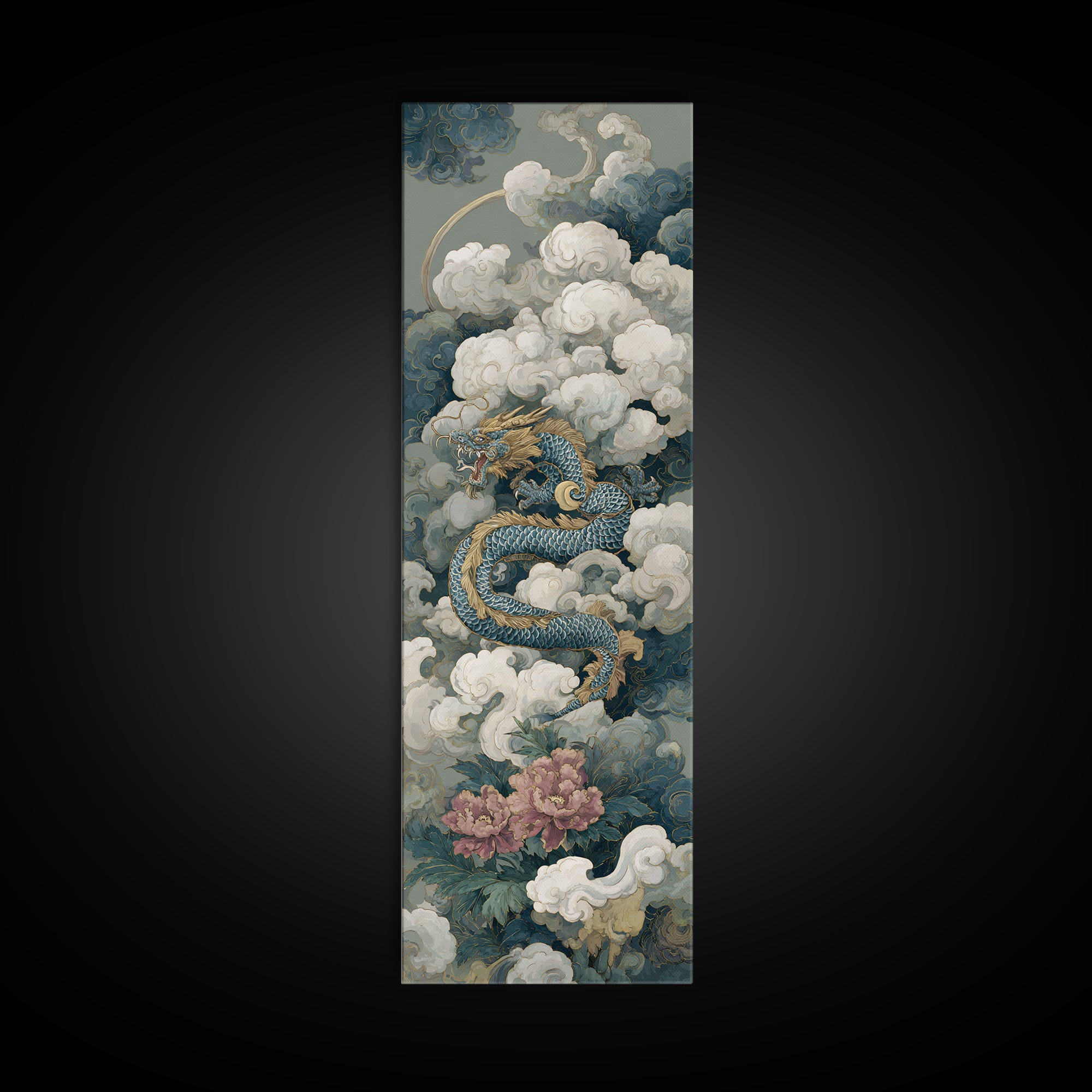 Dragon Curling Through Clouds Canvas Print, Asian Inspired Art, Spiritual Wall Art, Living Room Decor, Oil Painting, Harmony, ASI-1x3-97