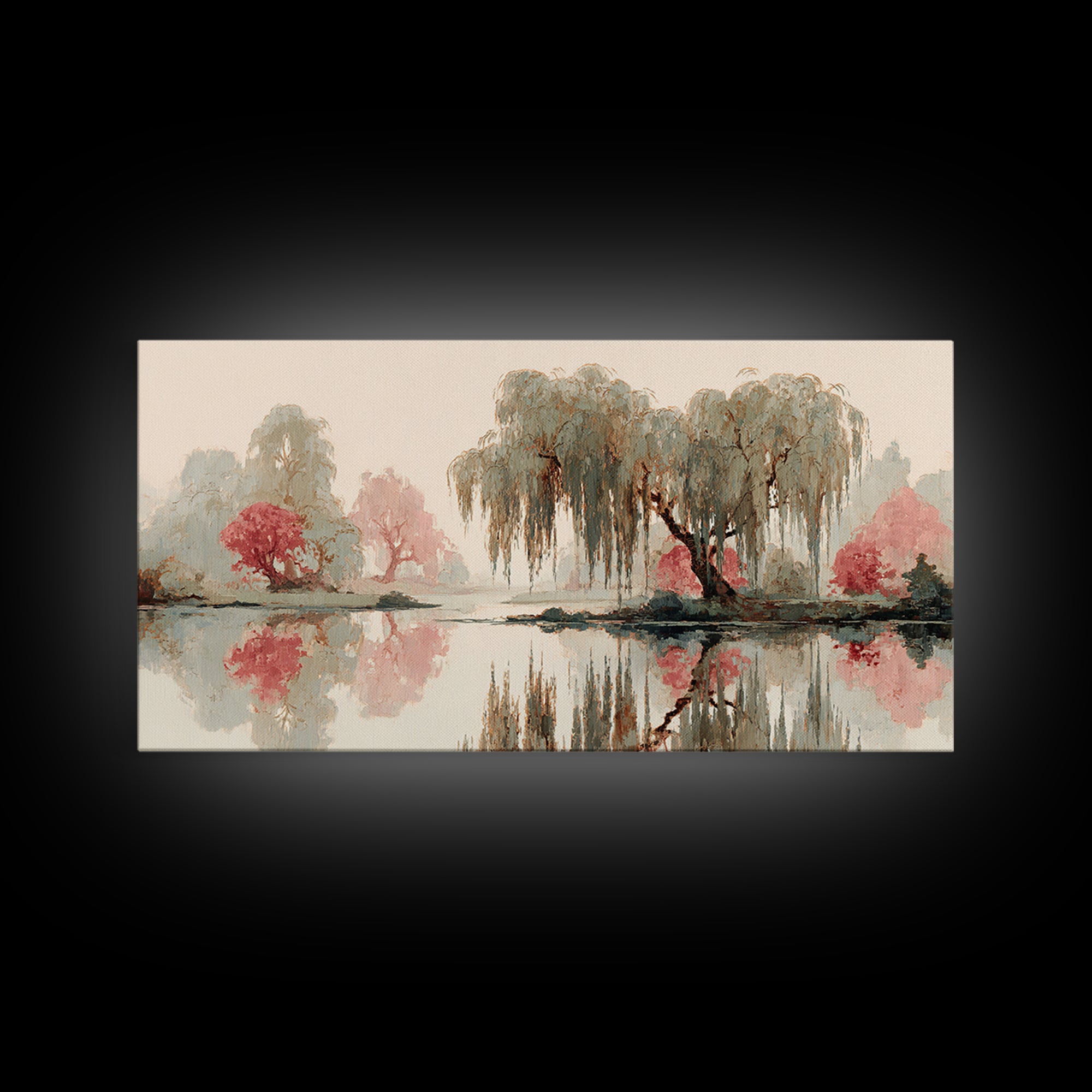 Willow Tree over a Reflective Pond Framed Canvas Print, Asian Inspired Art, Fine Art Print, Living Room Decor, Watercolor Art, ASI-2x1-14