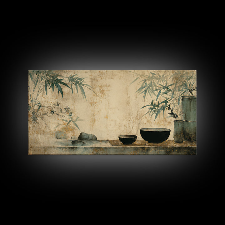 Tea Bowl and Steam Still Life on Framed Canvas Print, Asian Inspired Art, Living Room Decor, Oil Painting, Harmony, ASI-2x1-35