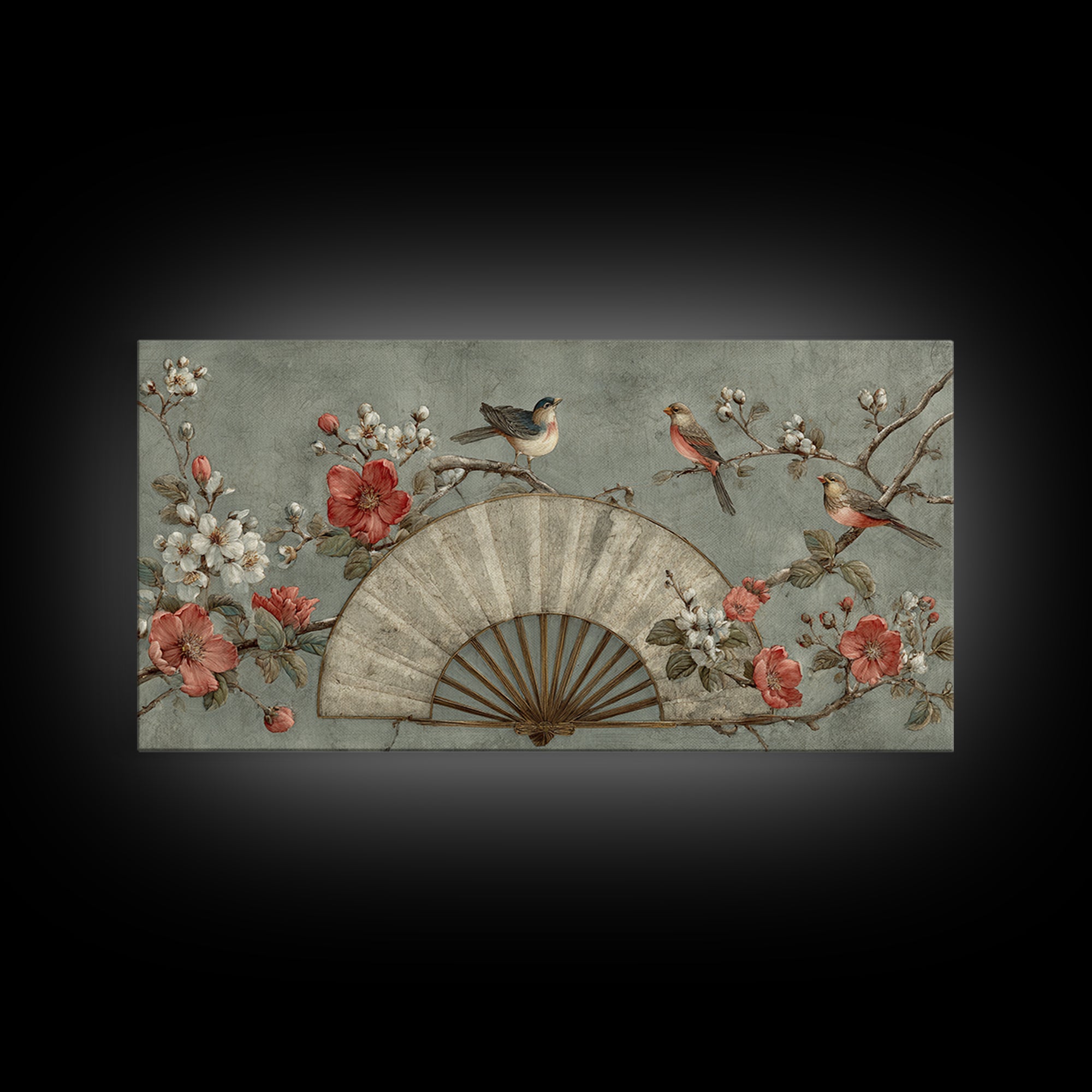 Fan Shaped Composition of Blossoms and Birds Canvas Print, Asian Inspired Art, Minimalist Decor, Living Room Decor, Harmony, ASI-2x1-37