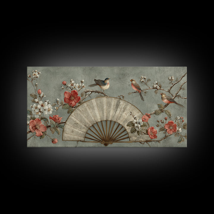 Fan Shaped Composition of Blossoms and Birds Canvas Print, Asian Inspired Art, Minimalist Decor, Living Room Decor, Harmony, ASI-2x1-37