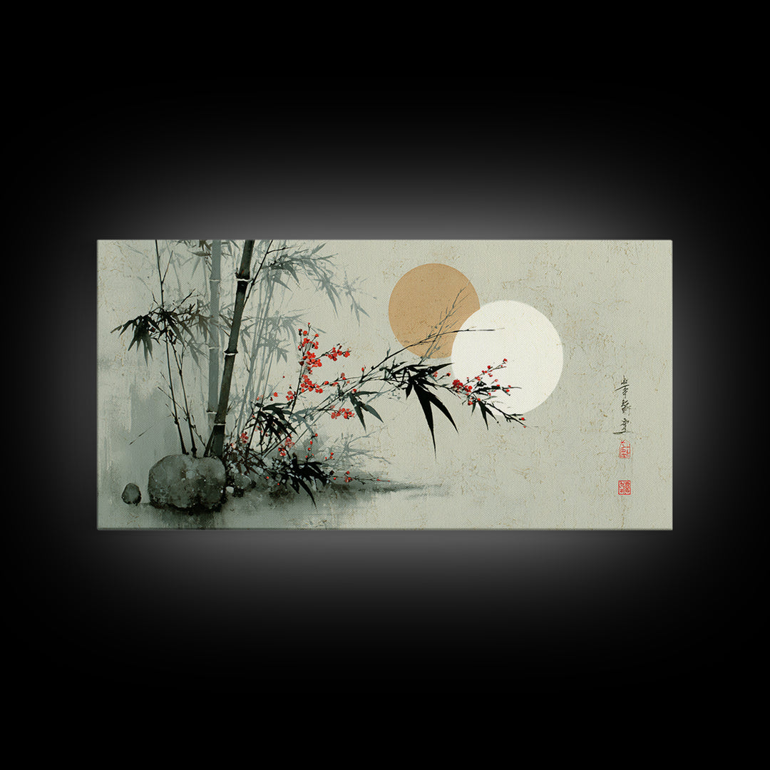Golden Moon Behind Bamboo Silhouettes Canvas Print, Asian Inspired Art, Art Nouveau, Living Room Decor, Fine Art, Harmony, ASI-2x1-49