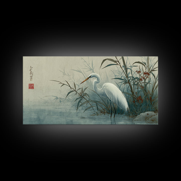 White Heron Standing Canvas Print, Asian Inspired Art, Printable Art, Living Room Decor, Oil Painting, Harmony, ASI-2x1-53