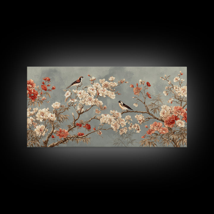 Fan Shaped Composition of Blossoms and Birds Canvas Print, Asian Inspired Art, Digital Art, Living Room Decor, Abstract Art, ASI-2x1-61