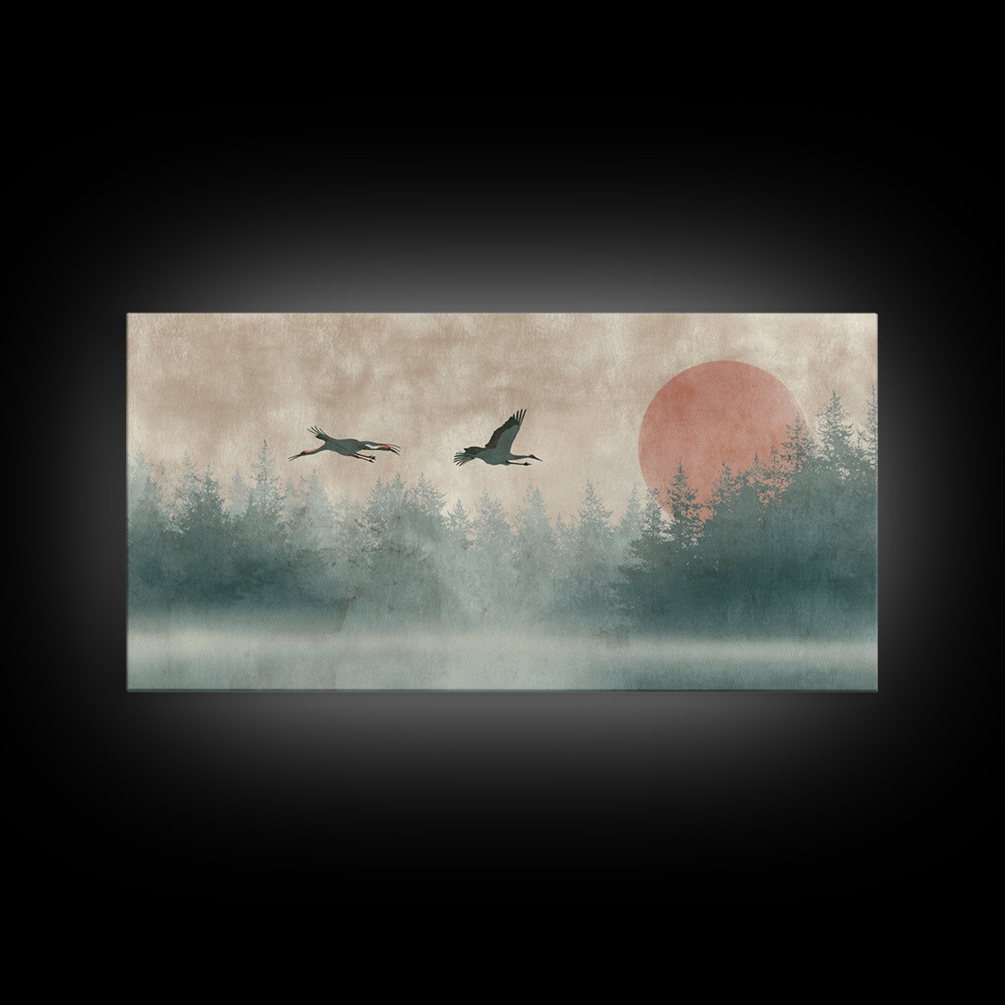 Crane and Moon Composition Canvas Print, Asian Inspired Art, Printable Art, Living Room Decor, Watercolor Art, Harmony, ASI-2x1-68
