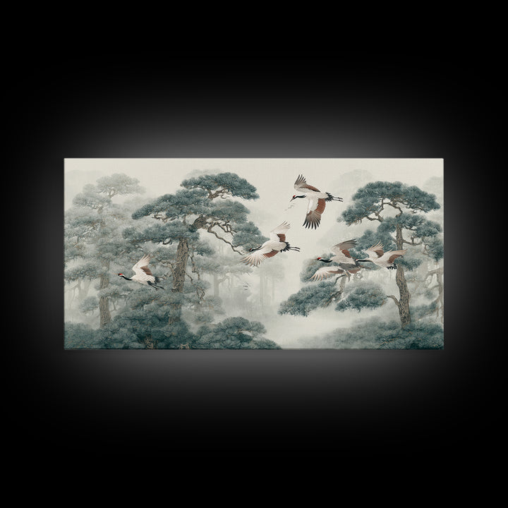Red Crowned Cranes Flying Through Misty Pine Canvas Print, Asian Inspired Art, Japanese Art, Living Room Decor, Harmony, ASI-2x1-69