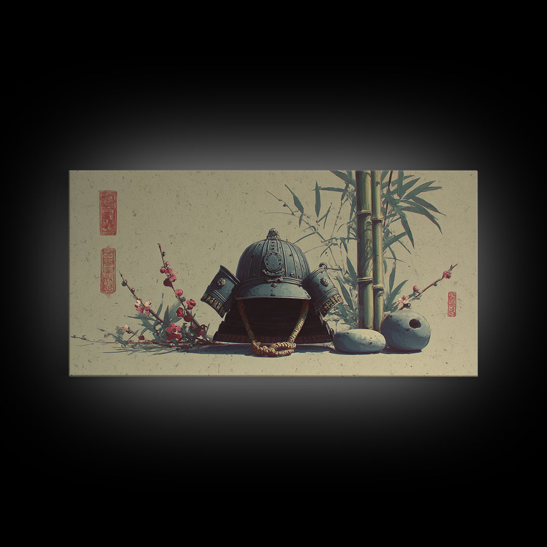 Samurai Helmet Still Life Framed Canvas Print, Asian Inspired Art, Boho Decor, Living Room Decor, Harmony, Digital Art, ASI-2x1-75