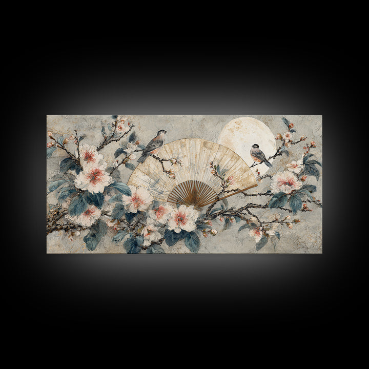 Fan Shaped Composition of Blossoms and Birds Canvas Print, Asian Inspired Art, Unique Wall Art, Living Room Decor, Harmony, ASI-2x1-85