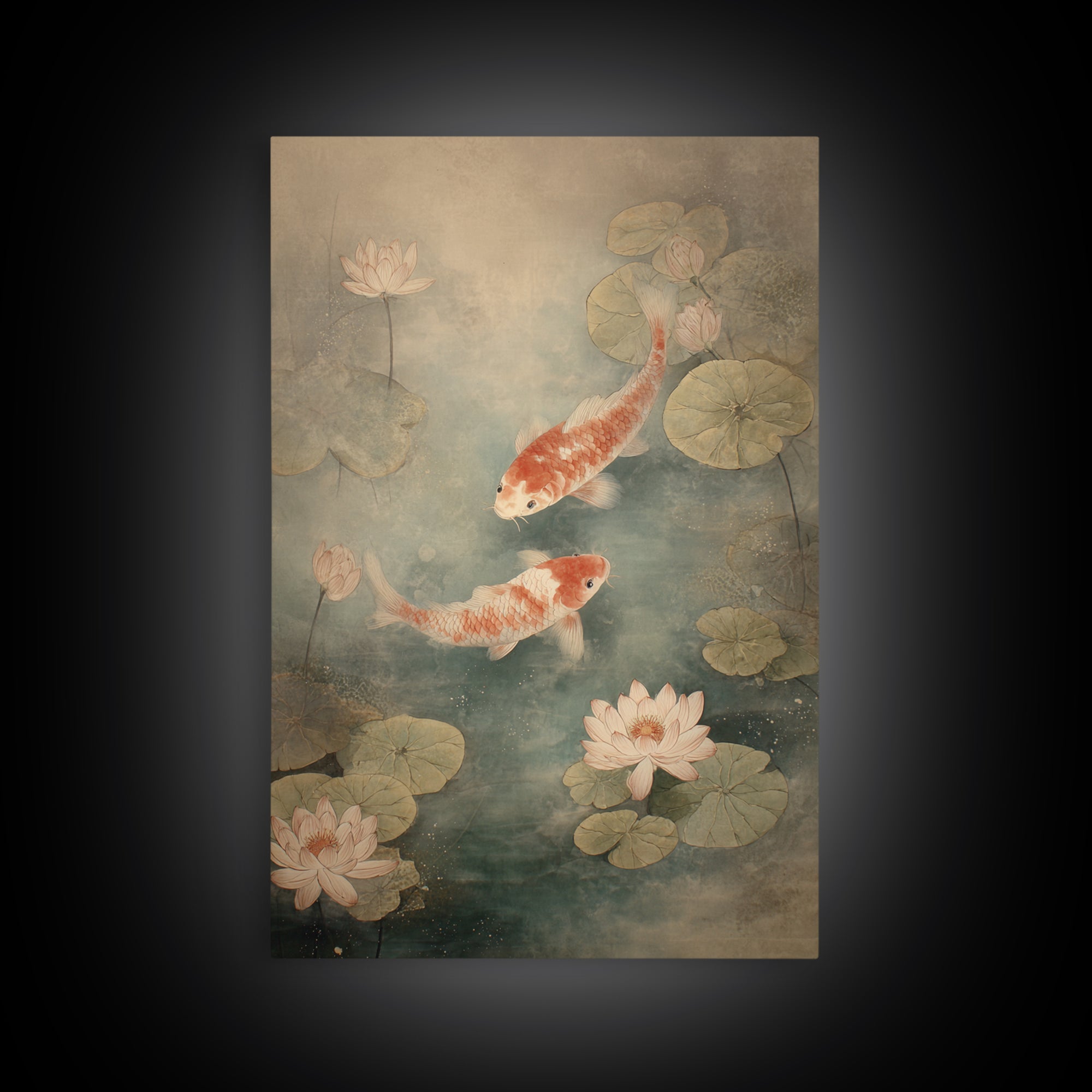 Koi Fish Circling Beneath Floating Lotus Blossoms Canvas Print, Asian Inspired Art, Luxury Decor, Living Room Decor, Harmony, ASI-2x3-10
