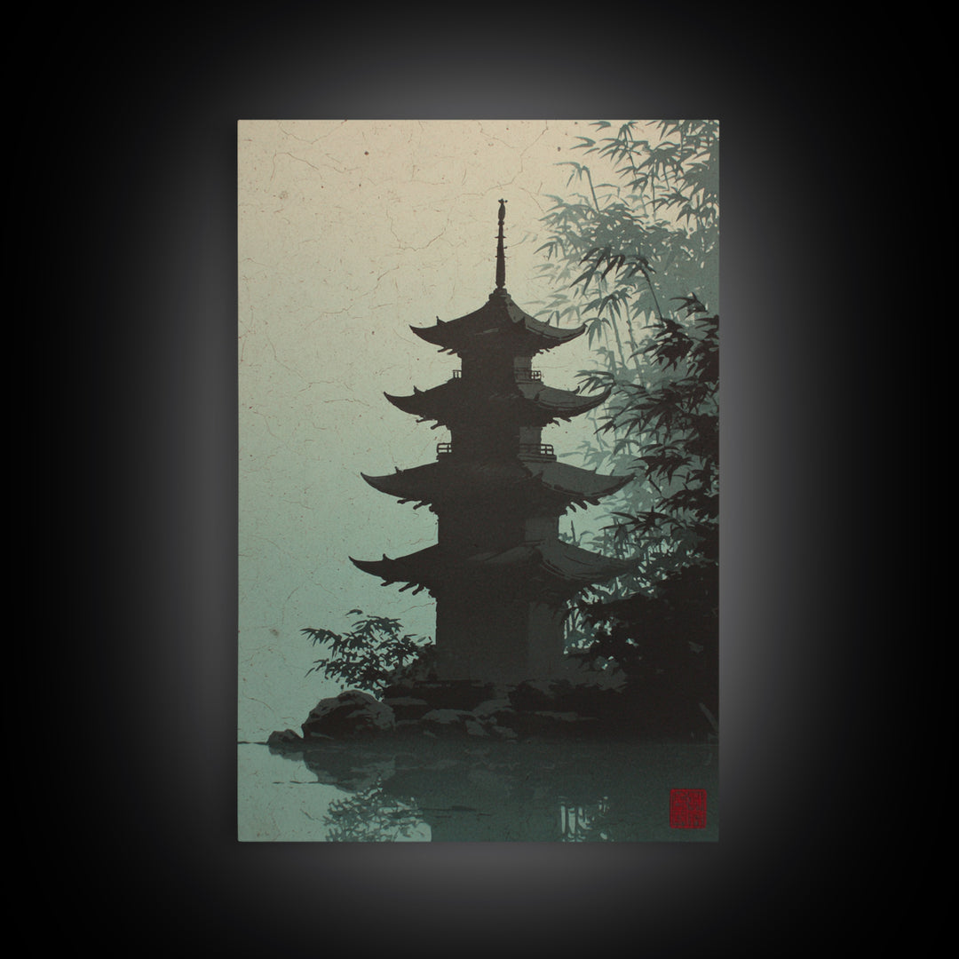 Pagoda Silhouette at Sunset Framed Canvas Print, Asian Inspired Art, Neutral Decor, Living Room Decor, Fine Art, Harmony, ASI-2x3-19